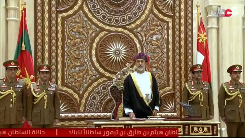 Oman's new sultan Haitham bin Tariq Al Said swears in at the Royal Family Council in Muscat, Oman. Oman TV via AP