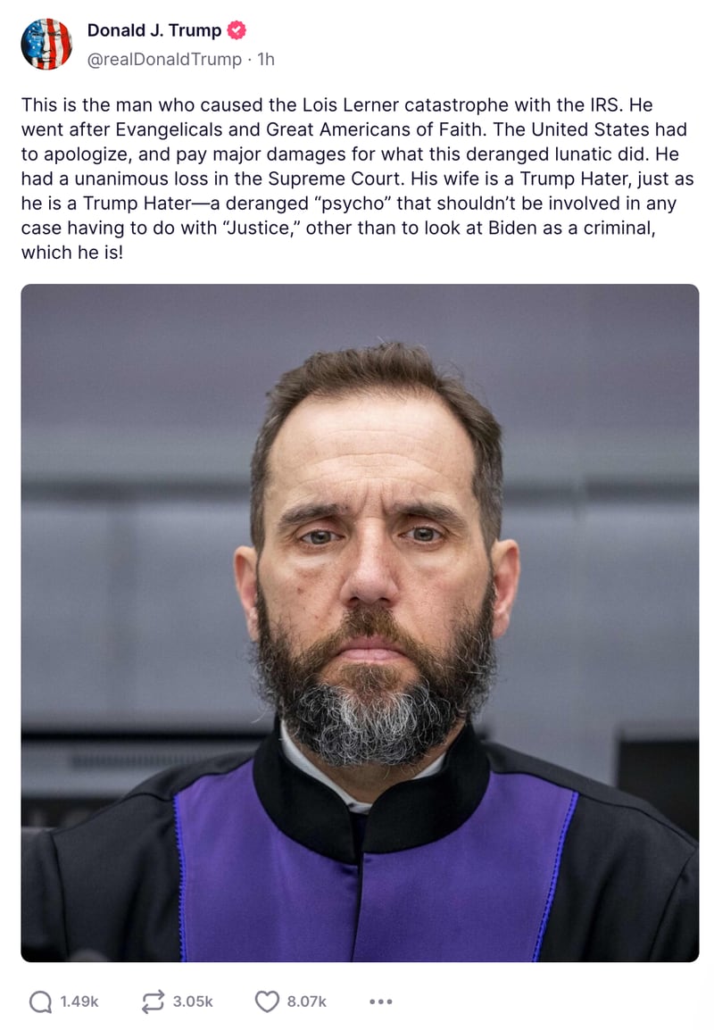 Former president Donald Trump posts on Truth Social about special counsel Jack Smith. Photo: Screengrab