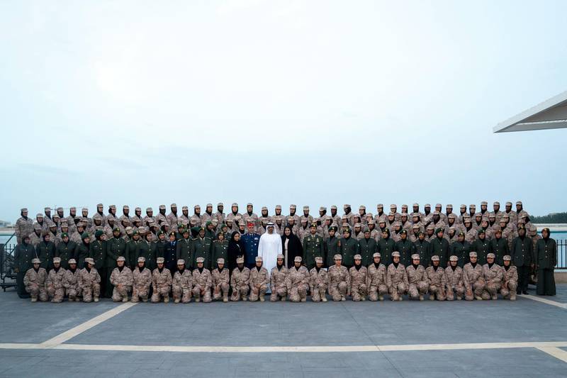 ABU DHABI, UNITED ARAB EMIRATES - April 08, 2019: HH Sheikh Mohamed bin Zayed Al Nahyan Crown Prince of Abu Dhabi Deputy Supreme Commander of the UAE Armed Forces (2nd row 15th R), stands for a photograph with members of the UAE Armed Forces who participated in the Empowering Women for Peacekeeping course, during a Sea Palace barza. Seen with HE Staff Major General Pilot Abdullah Al Hashmi, Executive Director of Strategic Analysis, UAE Ministry of Defence (2nd row 16th R).

( Ryan Carter / Ministry of Presidential Affairs )
---