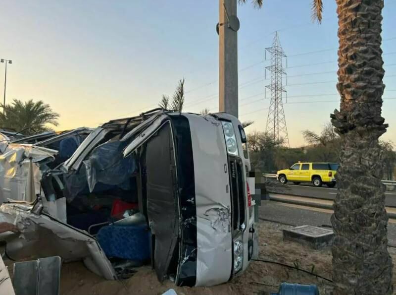 Two people died and 11 others were injured on February 20, when a bus collided with another vehicle in the Ramah area, on the road from Abu Dhabi to Al Ain. Photo: Abu Dhabi Police