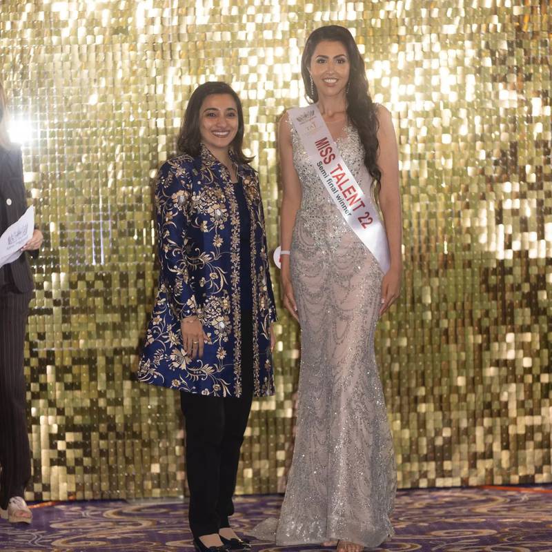 Neha Dhull, winner of Miss Talent with chair of judges Mehrnavaz Avar.