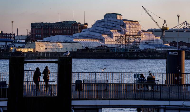 The Dilbar, covered with plastic sheets, is docked in a shipyard of Blohm & Voss in the harbour of Hamburg, Germany.  AFP
