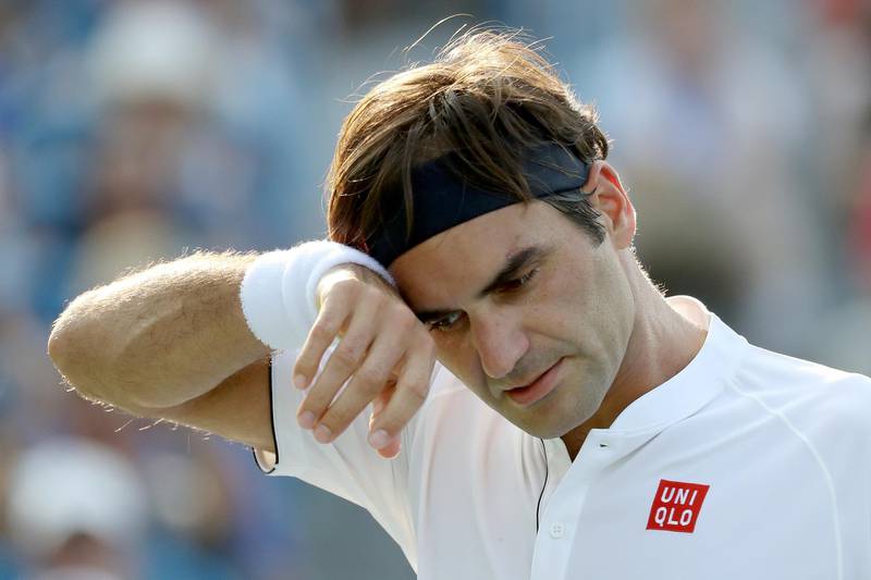MASON, OH - AUGUST 19: Roger Federer of Switzerland reacts to a shot against Novak Djokovic of Serbia in the mens final during Day 9 of the Western and Southern Open at the Lindner Family Tennis Center on August 19, 2018 in Mason, Ohio.   Rob Carr/Getty Images/AFP
== FOR NEWSPAPERS, INTERNET, TELCOS & TELEVISION USE ONLY ==
