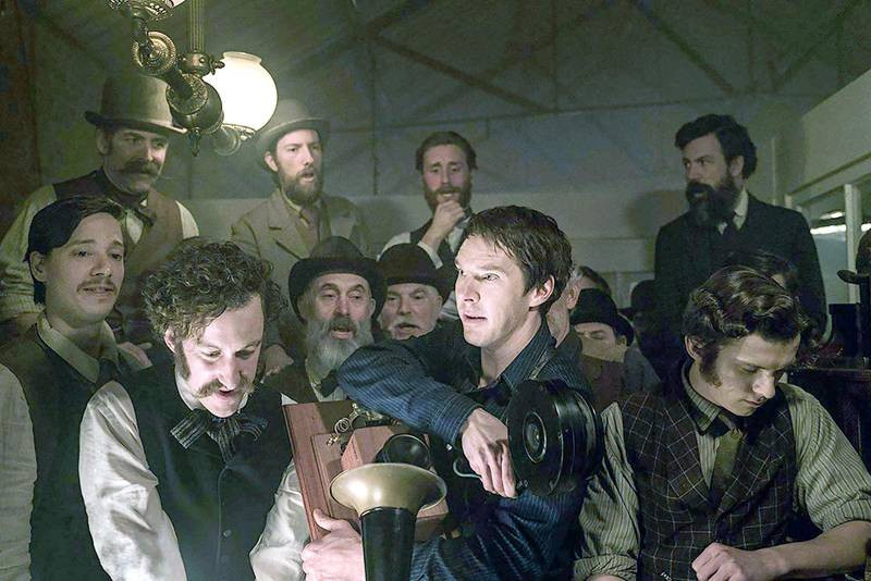 Benedict Cumberbatch, centre, as inventor Thomas Edison in ‘The Current War.’ Tom Holland, right, also has a starring role in the film. Courtesy Lantern Entertainment