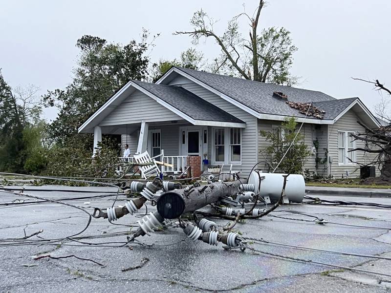 A power line downed by the storm in Pembroke. AP