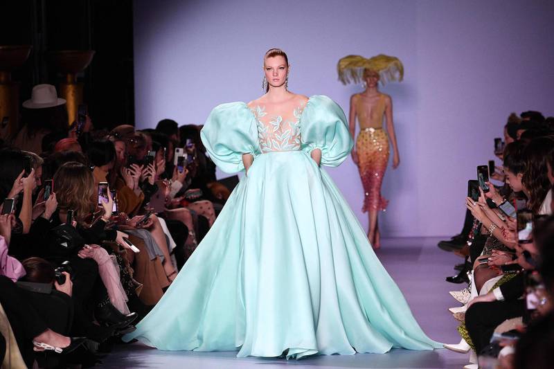 A look from the Georges Hobeika spring / summer 2020 show at Paris Haute Couture Fashion Week on January 20, 2020. AFP