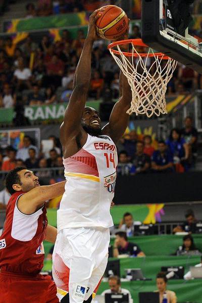 Spain's Serge Ibaka throws down a dunk against Egypt on Sunday at the Fiba World Cup. Jorge Guerrero / AFP / August 31, 2014 