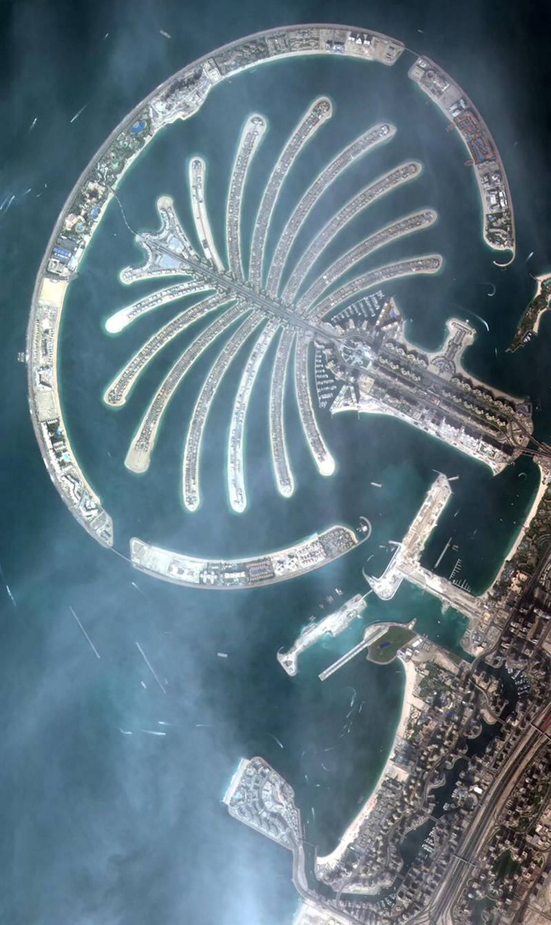 An aerial image of Palm Jumeirah, taken from space by KhalifaSat in 2018. Courtesy: Dubai Media Office