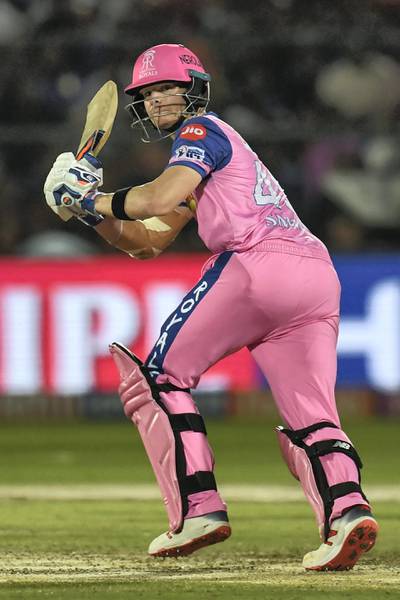 Rajasthan Royals batsman Steve Smith reacts after playing a shot during the 2019 Indian Premier League (IPL) Twenty20 cricket match between Rajasthan Royals and Sunrisers Hyderabad at the Sawai Mansingh Stadium in Jaipur on April 27, 2019. (Photo by Money SHARMA / AFP) / ----IMAGE RESTRICTED TO EDITORIAL USE - STRICTLY NO COMMERCIAL USE-----