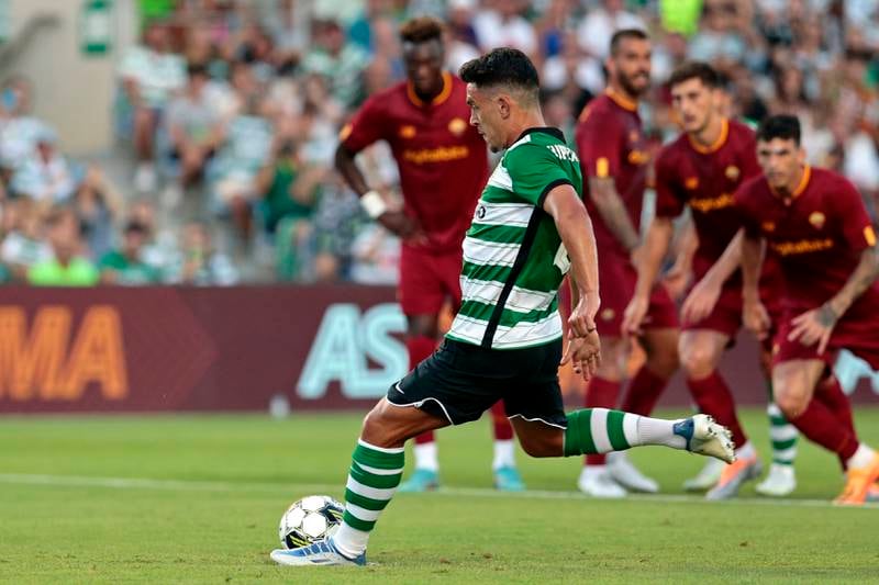 Sporting Lisbon's Pedro Porro scores against Roma at Algarve Stadium, on July 19. EPA