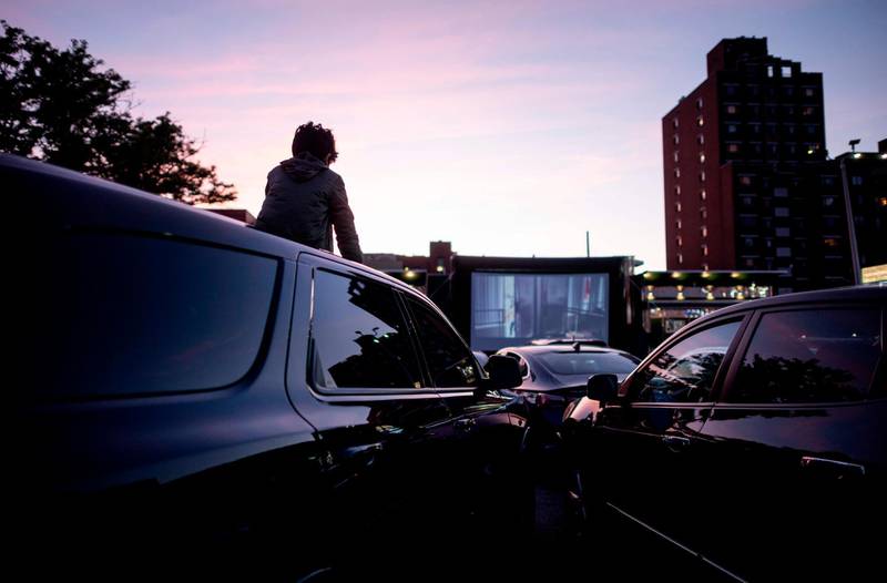 People in their cars attend a pop-up drive-in movie night at Bel Air Diner in Queens, New York City, US. AFP
