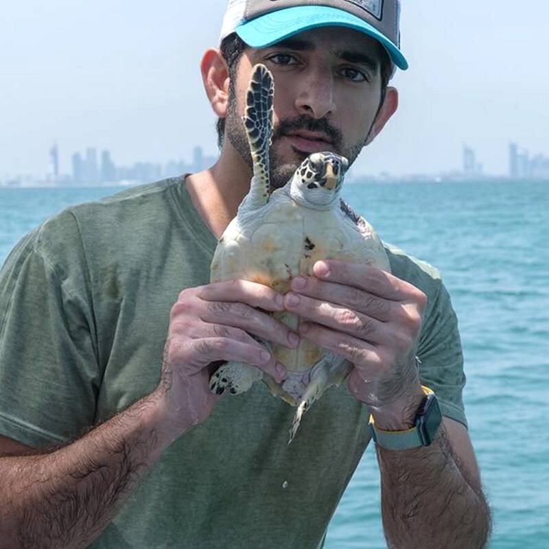 Sheikh Hamdan, Crown Prince of Dubai, poses with one of the sea turtles he helped release into the wild. 