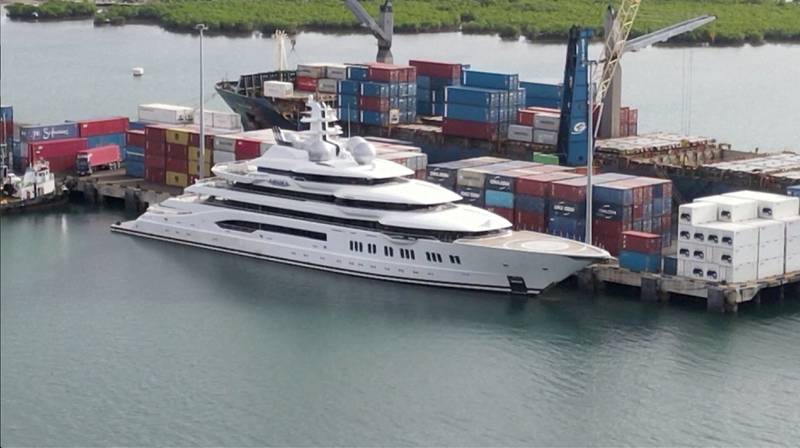 Drone video footage shows the Russian-owned superyacht 'Amadea' docked at Queen's Wharf in Lautoka, Fiji, in May. Reuters