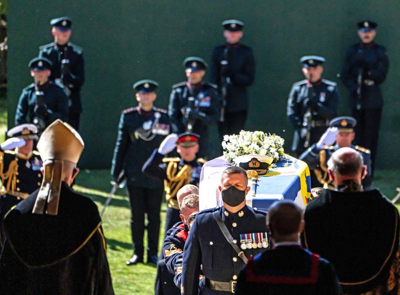 Prince Philip's coffin is carried into his funeral service at St George's Chapel at Windsor Castle. Getty