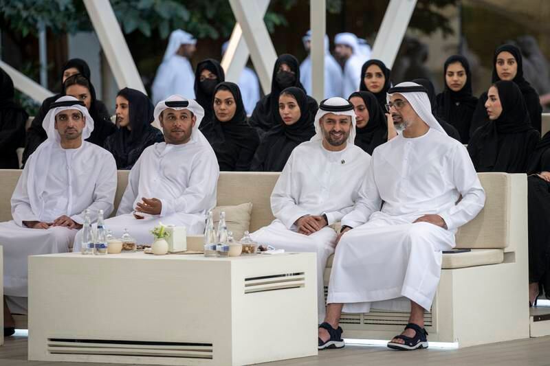 Sheikh Khaled bin Mohamed, Sheikh Mohamed bin Hamad, Private Affairs Adviser in the Presidential Court, and Mr Sharaf at the barza. Hamad Al Kaabi / UAE Presidential Court