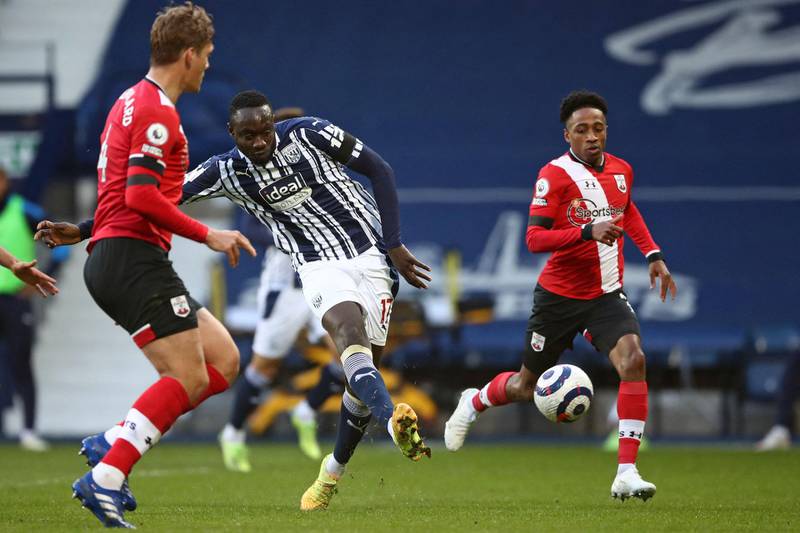 West Bromwich Albion striker Mbaye Diagne shoots at goal. AFP