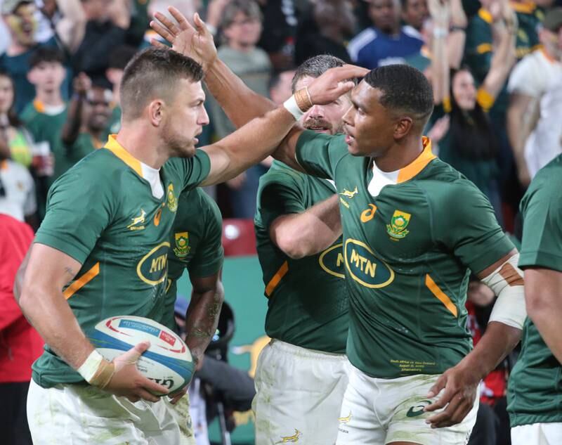 South Africa's Handre Pollard and Damian Willemse. EPA 