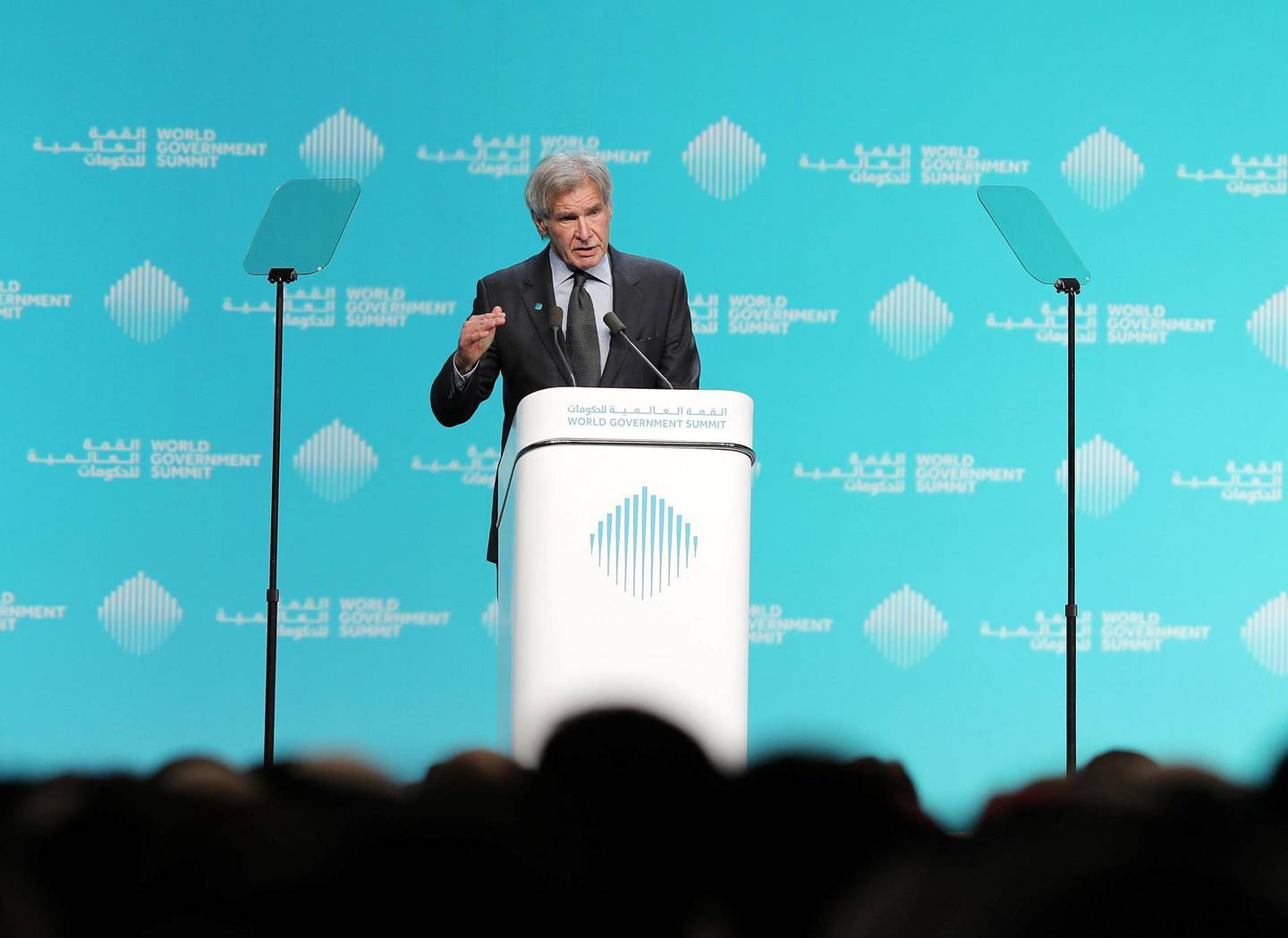 Dubai, United Arab Emirates - February 12, 2019: Harrison Ford speaks during day 2 at the World Government Summit. Tuesday the 12th of February 2019 at Madinat, Dubai. Chris Whiteoak / The National