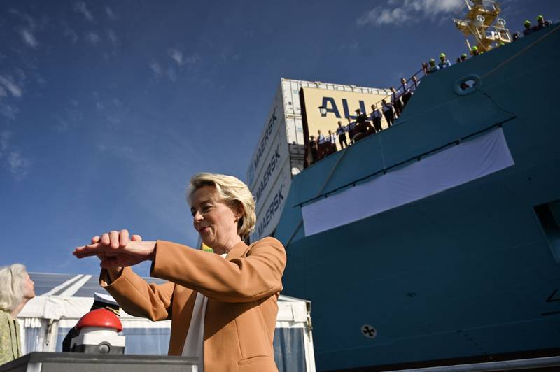 European Commission President Ursula von der Leyen said the Laura Maersk 'embodies Europe's decision to pioneer the fight against climate change'. AFP