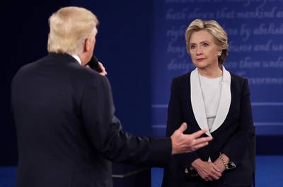 Donald Trump, pictured in last week’s debate with Hillary Clinton, has form for sexism and misogyny. Win McNamee / Getty Images / AFP
