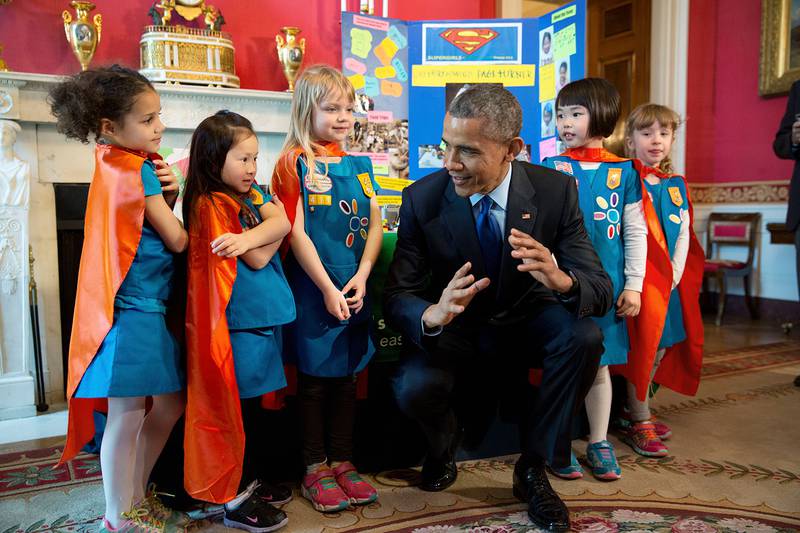 Mr Obama views science exhibits during the 2015 White House Science Fair celebrating technology, engineering and math (STEM) competitions, March 23, 2015. Photo courtesy of the National Archives