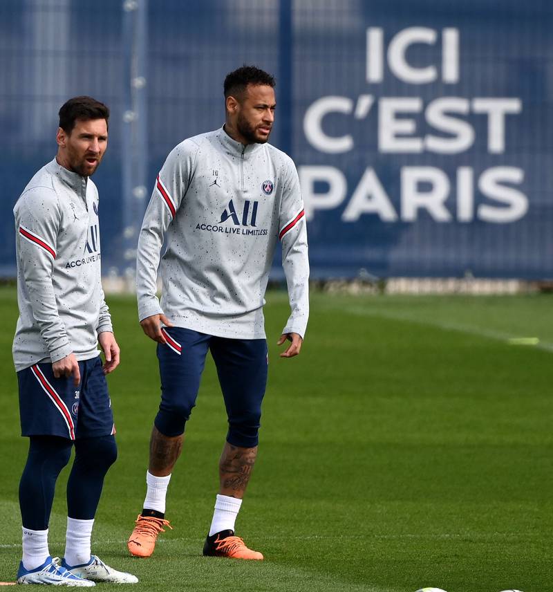 Neymar and Lionel Messi at  training. AFP