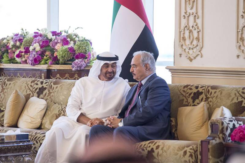 Sheikh Mohammed bin Zayed, Crown Prince of Abu Dhabi and Deputy Supreme Commander of the Armed Forces, meets Field Marshal Khalifa Haftar, commander of the Libyan National Army, during a Sea Palace barza. Rashed Al Mansoori / Crown Prince Court – Abu Dhabi