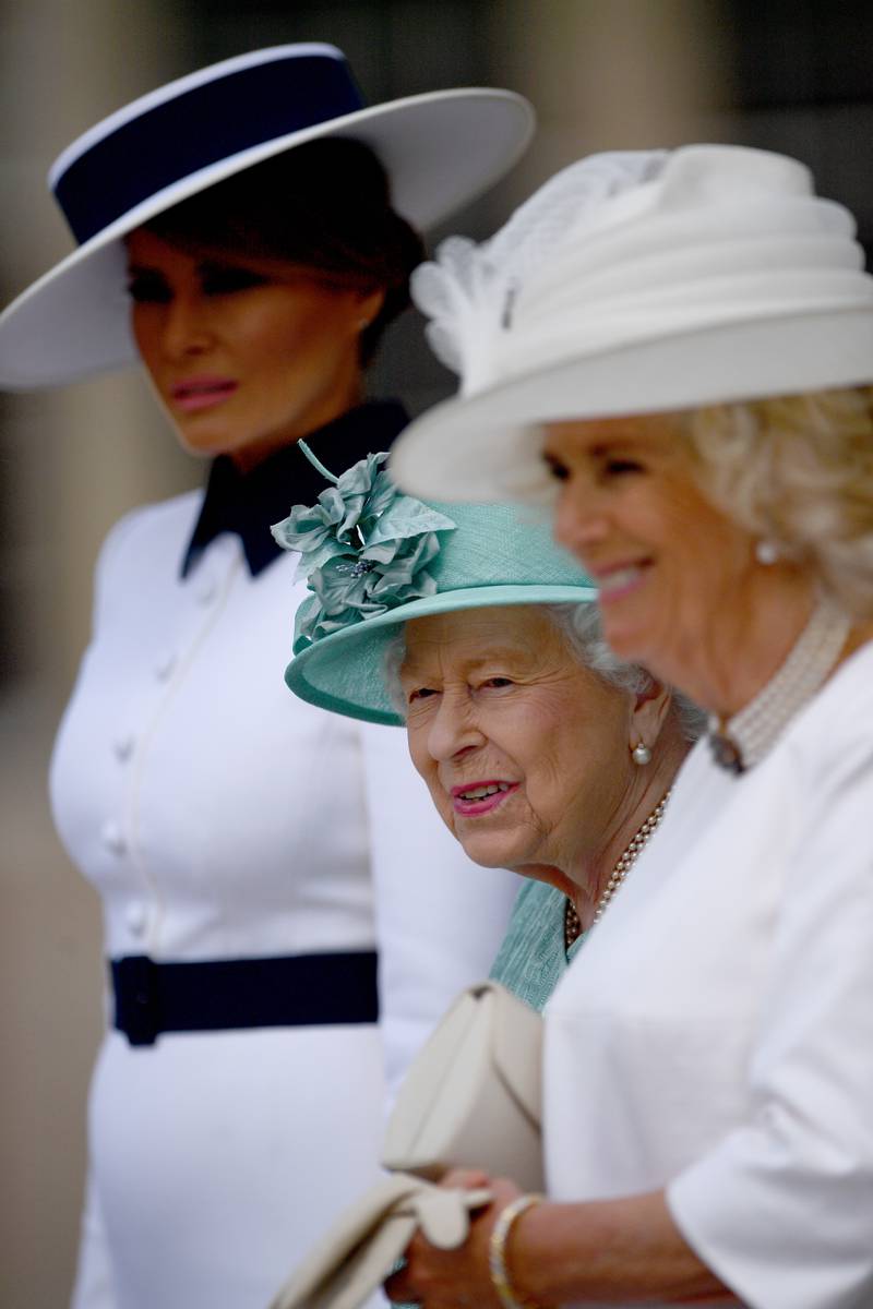 Former US first lady Melania Trump, the queen and the Duchess of Cornwall during the Ceremonial Welcome at Buckingham Palace. Photo: US National Archives