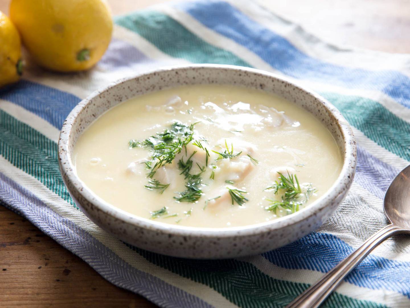 Avgolemono soup, eaten in Cyprus on rainy days, is at once creamy and citrusy