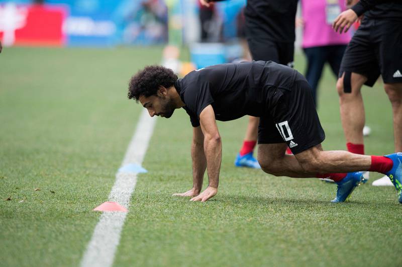 Egypt's Mohamed Salah trains with his team at the Volgograd Arena in Volgograd on June 24, on the eve of their World Cup Group A match against Saudi Arabia. AFP