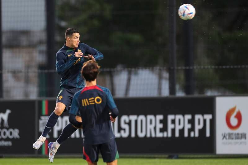 Portugal's Cristiano Ronaldo heads the ball. EPA
