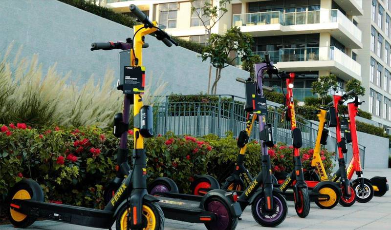 A line of Fenix scooters. The UAE start-up says it will have the biggest fleet of of e-scooters that have been 'purpose-built for continuous shared use'. Courtesy Fenix