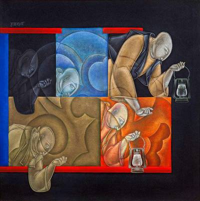 Handout of SHG 22, Satish Gujral, Night Gods, 54in x 54in (137.2cm x 137.2cm), Acrylic on Canvas, 2006. Courtesy of Sanchit Art *** Local Caption ***  SHG-22-Satish Gujral-Night Gods-54in x 54in-(137.2cm x 137.2cm)-Acrylic on Canvas-2006.jpg