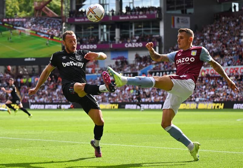 Vladimir Coufal of West Ham United battles for possession with Lucas Digne of Aston Villa. Getty Images