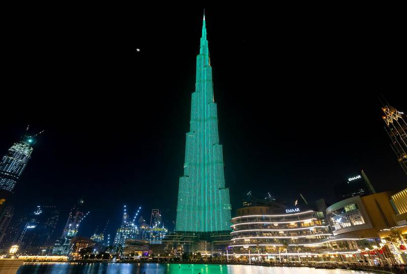 Burj Khalifa lights up in celebration of St Patrick’s Day. Wam