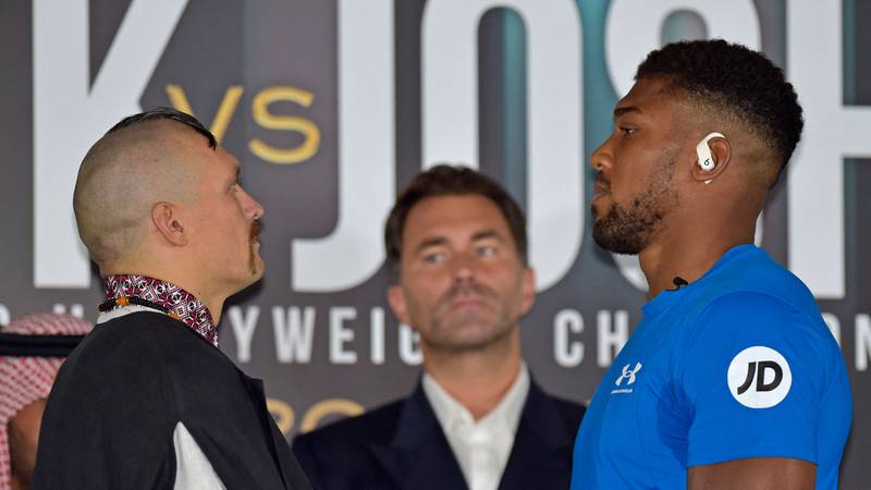 Ukranian Oleksandr Usyk and British challenger Anthony Joshua face off ahead of their heavyweight contest for the WBA, WBO, IBO and IBF titles in Jeddah. AFP