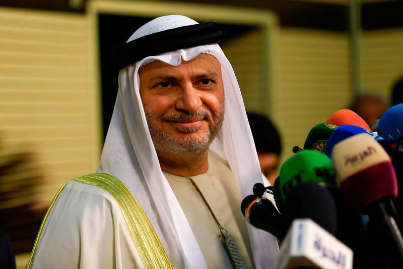 UAE's Minister of State for Foreign Affairs Anwar Gargash speaks during a press conference in Sudan's capital Khartoum on January 14, 2020. Gargash arrived in Sudan for a two-day visit. / AFP / ASHRAF SHAZLY
