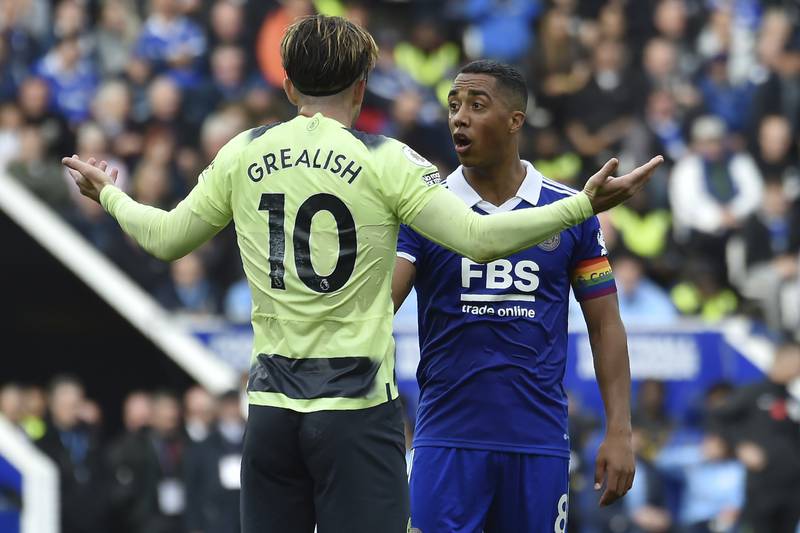 Manchester City's Jack Grealish argues with Leicester's Youri Tielemans. AP