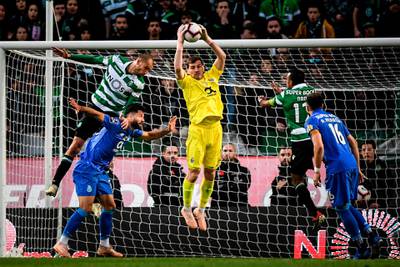 Porto goalkeeper Iker Casillas takes a catch during a Primeira Liga match against Sporting Lisbon in 2019. AFP