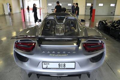 DUBAI, UNITED ARAB EMIRATES, August 31 – 2018 :- Porsche 918 Spyder at the Dubai Autodrome in Dubai. Members and Guests of the Ninth Degree supercars club driving their cars during the Ninth Degree supercars club meet held at Dubai Autodrome in Dubai. ( Pawan Singh / The National )  For Motoring. Story by Adam Workman