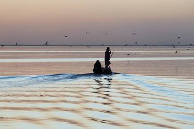 Fishermen and birds are silhouetted on the Najaf Sea. Reuters