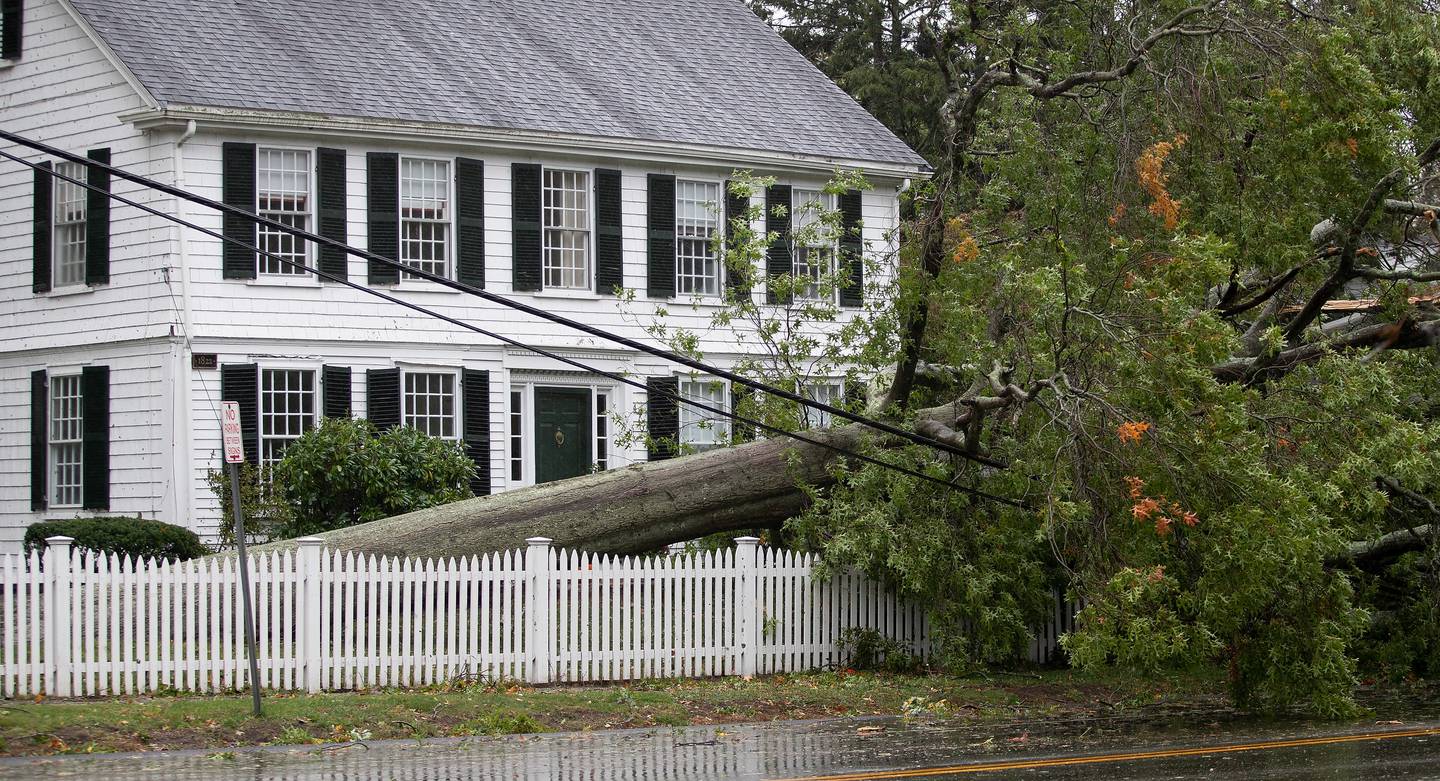 A downed tree is seen in front of a home after a powerful nor'easter passed through Hingham, Massachusetts, in October 2021.  EPA