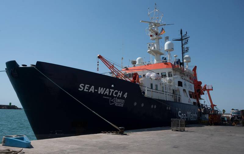 The new Sea-Watch 4 ship is pictured on August 7, 2020 in the port of Burriana, where it is carrying maintenance operations before leaving on its first mission.  The NGO Sea Watch announced its partnership with Doctors without Borders on the Sea-Watch 4 ship to provide medical care to migrants rescued at sea. The new Sea-Watch 4 ship was purchased in January 2020 by the United4Rescue association, which brings together more than 550 organisations involved in rescuing migrants in the Mediterranean Sea.  / AFP / JOSE JORDAN
