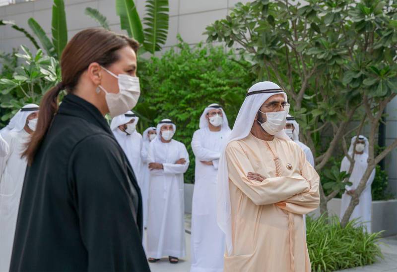 Sheikh Mohammed bin Rashid, Vice President and Ruler of Dubai, pictured with Minister of State for Food Security, Mariam Al Mheiri, at Food Tech Valley in May 2020.