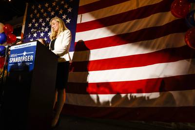 Representative Abigail Spanberger, of the Democratic party, speaks to supporters after her re-election, in Fredericksburg, Virginia. AP
