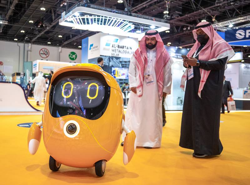 The Opti Robot, official mascot of Expo 2020 Dbai visits the Future Energy Summit in ADNEC.
