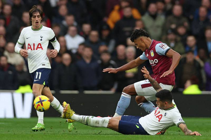 Tottenham defender Cristian Romero was booked for this challenge on Villa's Ollie Watkins. AFP
