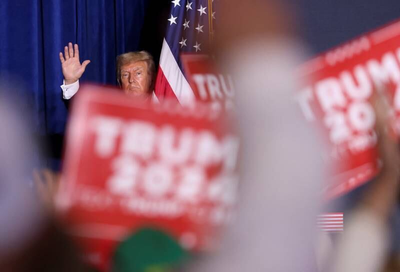 Former US president Donald Trump waves at the crowd after speaking during a 2024 presidential campaign rally in Dubuque, Iowa, last week. Reuters