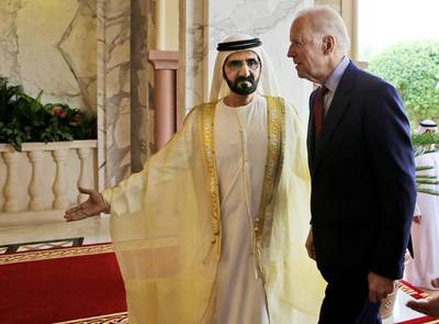 Sheikh Mohammed bin Rashid, Vice President and Ruler of Dubai, welcomes then US Vice President Joe Biden at Zabeel Palace in March 2016.  AP Photo