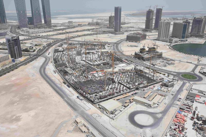 One of the main developments on the island is Reem Mall. When completed it will feature 450 stores and various family entertainment attractions including Snow Park Abu Dhabi. As many as 14 tower cranes have been on site alongside 4,000 workers ahead of its scheduled 2020 completion date. Courtesy Al Farwaniya Property Developments
